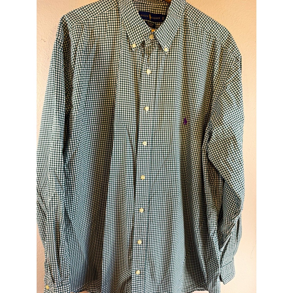Ralph Lauren Classic Fit Mens XLT Green/White Check Button-Down Cotton Stretch